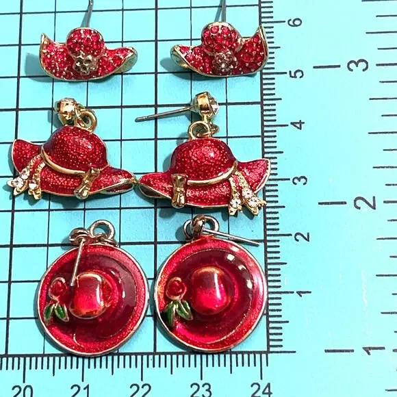 VTG Red Hat Society Jewelry Lot Liz Claiborne Enamel Hat Brooch 3 Sets Earrings - Picture 3 of 9